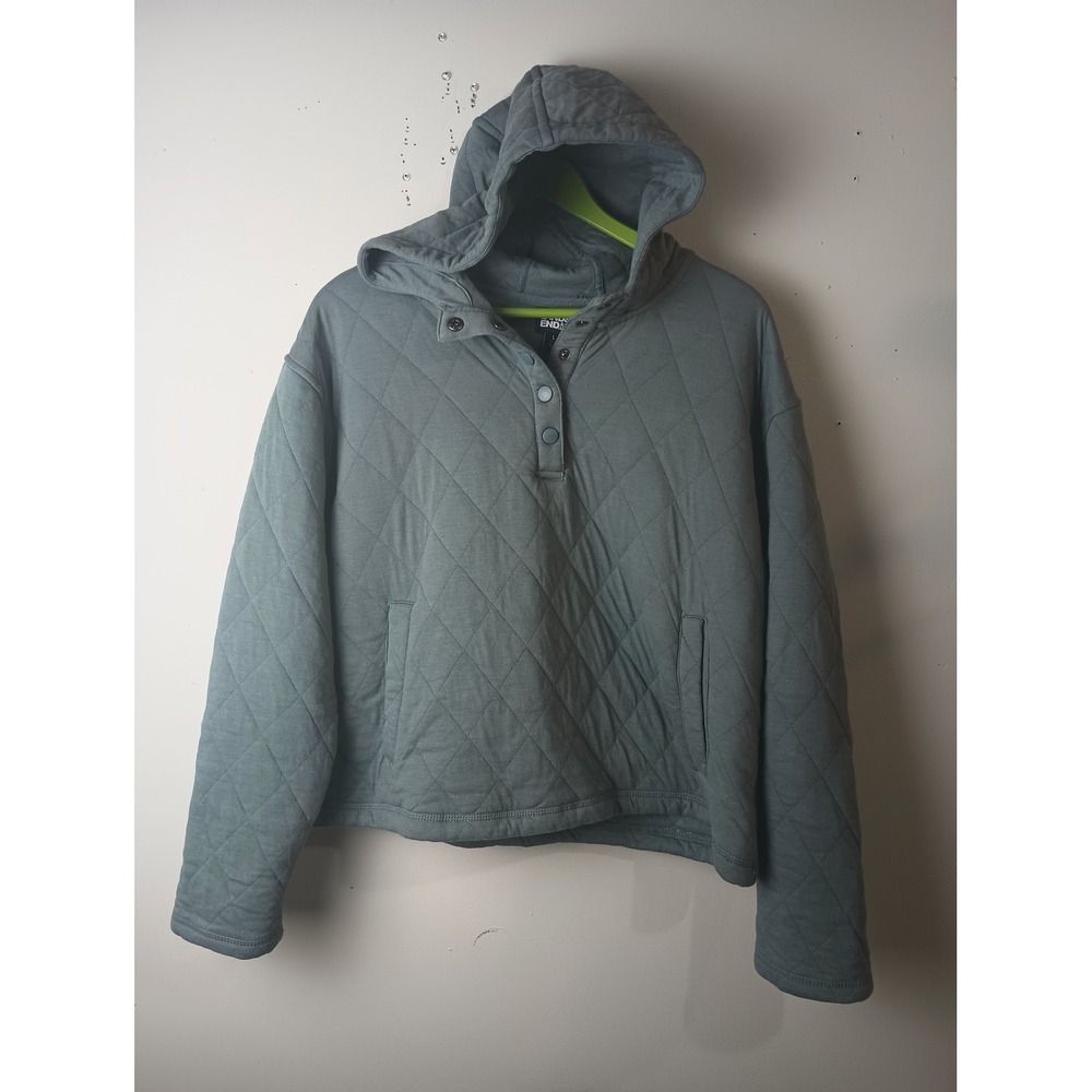 Lands End Women Quilted Snap Neck Hoodie Sage Green Sweatshirt L 12-14